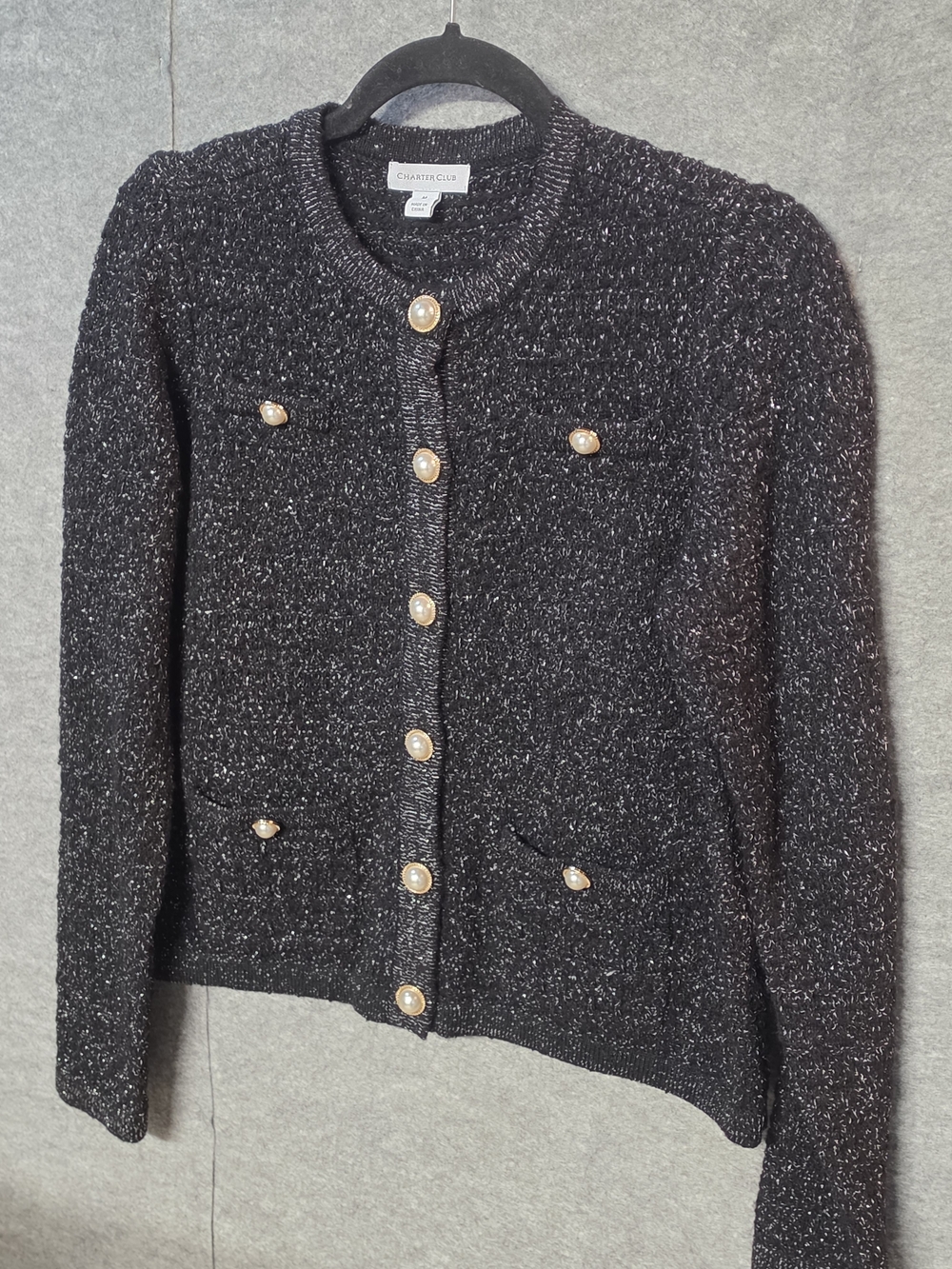 Black Tweed Pearl-Button Cardigan